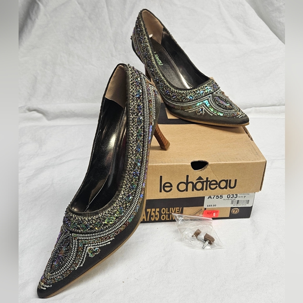 Y2k Le Chateau Dark Olive Stiletto Heels with Embellishments - Size 7